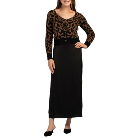 TAYLOR 2pc Satin Dress And Animal Print Cardigan Set